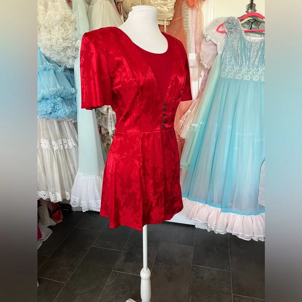 Olivia Rose ❤️ vintage 90s red satin flutter sleeve button front mini dress - Picture 2 of 9